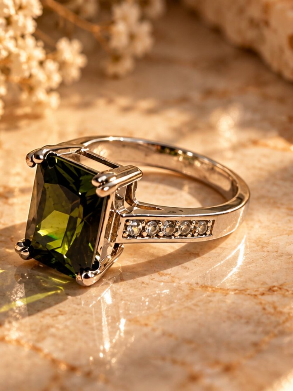 Green Faceted Stone Silver Tone Ring Size 7 Clear Accent Stones